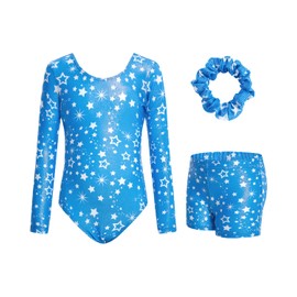 JiAmy Girls' Gymnastics Leotard Gymnastics Shorts Headband Set Leotard Set for 3-12 Years, Blue Star