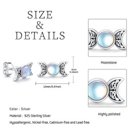 Triple Moon Goddess Earrings 925 Sterling Silver Moonstone Hypoallergenic Moon Stud Earrings Amulet Pagan Wiccan Jewellery Moon Goddess Gifts for Women Girls, Sterling Silver, Moonstone