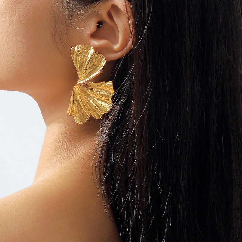 Chunky Gold Leaf Statement Earrings - Large Geometric Studs for