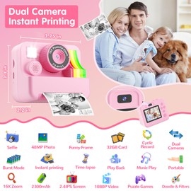 MVNHFSO Kids Camera Instant Print - Dual-Lens Selfie Cameras, Portable Toddler Digital Camera Toy with 3 Roll Paper - Christmas Birthday Idea Gift for 3 4 5 6 7 8 9 10 11 12 Years Old Girls 32G (Pink)