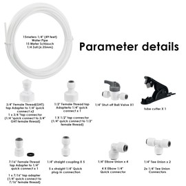 15 M Water Supply Pipe Tube and Fridge Connectors Kit,Refrigerator Water Hose Connection Kit, Refrigerator Hoses,Fridge Water Pipe Connector, for European Style Double Fridge Refrigerator (1/4" Pipe)
