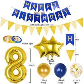 8th Birthday Decorations Boy Girl, Gold and Blue 8 Year Old Birthday Decorations with Happy Birthday Banner, Triangle Flags, 40In Number 8 Foil Birthday Balloons, Star Balloons and 18Pcs 12In Balloons