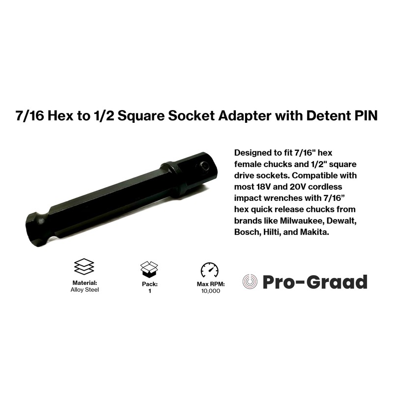 Pro-Graad 7/16 Hex to 1/2 Square Socket Adapter Drive Converter,