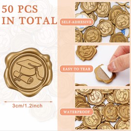 Whaline 50Pcs Graduation Wax Seal Stickers Graduation Cap Envelope Seal Stickers Gold 3D Self-Adhesive Embossed Stickers for DIY Greeting Invitation Cards Snail Mails Wine Packages Gift Decor