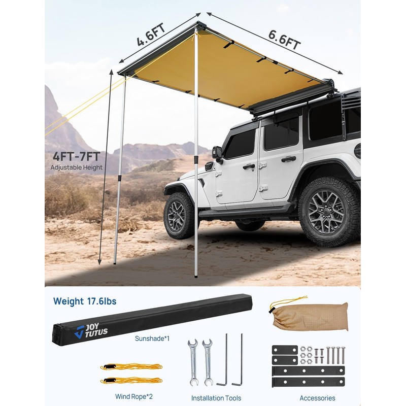 JOYTUTUS Vehicle Awning 4.6'x6.6' Roof Rack Pull-Out Sun Shade UV50+,