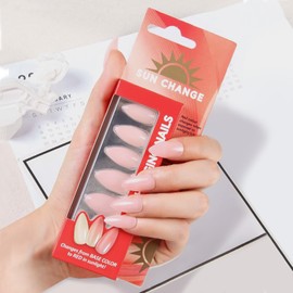 Almond Press On Nails with Color change when exposed to light design Medium Reusable False Nails Colour Changing Fake Nail with Glue (D, Almond)