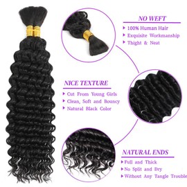 Human Braiding Hair for Boho Braids 2 Bundles 100g 20 Inch 10A Deep Wave Bulk Human Hair Curly Boho Hair for Braiding Knotless No Weft Wet and Wavy Human Hair Braiding Hair Extensions Natural Black