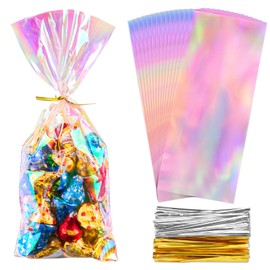Ohuimrt 100 PCS Iridescent Cellophane Treat Bags, 4 x 9.5 Inches Holographic Goodie Bags with Twist Ties Plastic Party Favor Bags for Small Gifts, Candies, Cookies, Snacks
