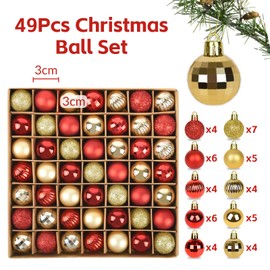 Set of 49 Christmas Baubles Red Gold 3 cm Plastic Christmas Tree Baubles Hooks Christmas Baubles Small for Christmas Tree Decorations, Tree Baubles Christmas Decoration Baubles Pendant Mini Tree
