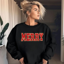 ZXUBP Merry Christmas Sweatshirts for Women Christmas Sequin Long Sleeve Shirts Ugly Xmas Sweater Patch Crewneck Pullover Top Black