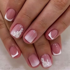 24Pcs White Silver Flowers Press on Nails Short Square Fake Nails White Nude Gradient False Nails Gel Stick On Nails Set Glue on Nails White French Tips Reusable Glossy Artificial Nails for Women