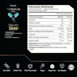 ETERNAL NUTRITION Neuro Sleep: Magnesio Bisglicinato y Teanina (200 Caps) | Bisglicinato, L-Teanina, Apigenina y SAM-e · 200 Porciones · 750 mg · Rela