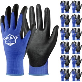 OKIAAS Safety Work Gloves(Bulk 12-Pair Pack, Size XL/10) with Grip, Polyurethane(PU) Coated Working Gloves for Mechanic, Warehouse, Gardening, Construction, DIY, Yard Work (Blue X-Large)