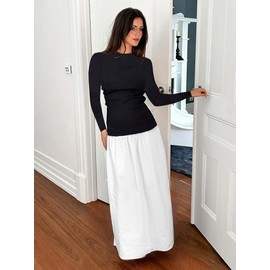 YOXUA Women's Long Sleeve Patchwork A-Line Long Maxi Dress Fall Winter Beach Maxi Dress White