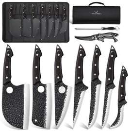 TAN REN 7PCS BBQ Knife Set, Professional Butcher Knives for Meat Cutting, Hand Forged Serbian Chef Knife, Viking, Boning, Skinning Knives & Poultry Shears, Idea Gift for Men Kitchen Outdoor Cooking