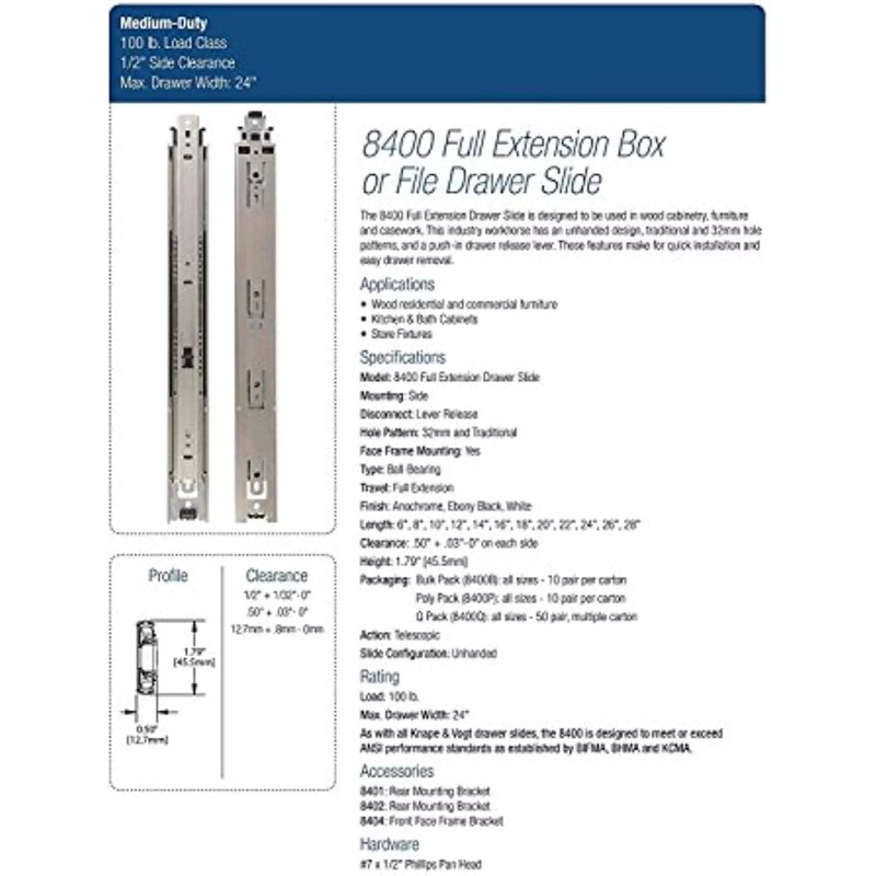 Knape & Vogt Side Mount Full Extension Drawer Slide, 12-Inch,