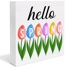 Spring Decor Hello Spring Tulip Wooden Sign, Farmhouse Home Decorations Wood Plaque Block Sign Rustic Desk Decor 5 x 5 Inches