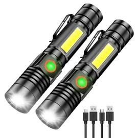 Small Flashlight Rechargeable, Magnetic LED Flashlight, 1000 Lumens Super Bright Flashlight with COB Work Light, 4 Modes, Waterproof, Zoomable Pocket Tactical Flashlights for Camping Emergency 2 Pack