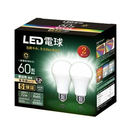 LED Bulb, Base Diameter 1.0 inches (26 mm), Equivalent to 60W Shape, Daylight White Equivalent (7.2 W), General Bulb, Omnidirectional Type, Dimmer, Compatible with Sealed Fixtures, Insulation