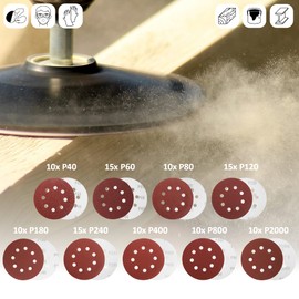 Robin Goods® 105 x Random Orbital Sander Sandpaper 125 mm - Sanding Discs 8 Holes with Velcro - Round Sanding Sheets with 9 Grit Sizes 40/60/80/120/180/240/400/800/2000 (Round - Red)