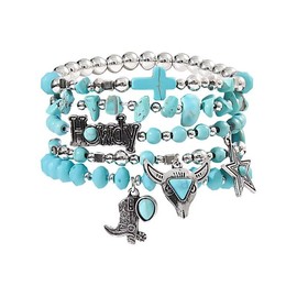 Todu 5 Pcs Western Cowgirl Turquoise Beaded Stretch Cow Boot Feather Charm Bracelets Bohemian Stackable Summer Beach For Women Jewelry Gift （Set 1）