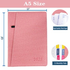 2025 Daily Planner/Appointment Book 2025, Daily Hourly & Monthly Agenda Planner (Jan-Dec 2025) Thick Paper + Pen Holder + Pocket + Monthly Tabs, 8.26" x 5.7" Calendar Planner (25DP-Pink)