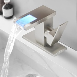 BESy LED Stainless Steel Waterfall Brushed Nickel Bathroom Faucet, Single Hole Bathroom Sink Faucet, 3 Colors Light Changing Single Handle Vanity Faucets with Supply Lines, Rv One Hole Faucet