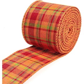 Thanksgiving Fall Wrapping Ribbon，Autumn Pumpkin Gingham Plaid Burlap Check Wired Edge Ribbon for Crafts Decoration, Thanksgiving Floral Bows Craft Decor (Pumpkin Grid, 6CM Wide)