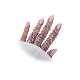 12-20 Pcs Boho Silver Knuckle Ring Set Star Moon Wave Feather Stackable Rings Vintage Turquoise Multiple Midi Finger Ring Sets for Women Girls (B)