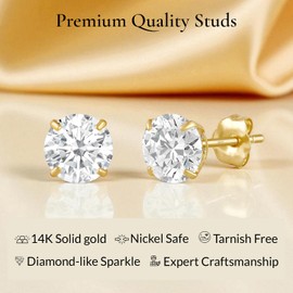 Everyday Elegance Solid 14k Yellow Gold Solitaire 6 MM Round Cubic Zirconia CZ Stud Earrings for Women | With 14k Gold Butterfly Push Backings |Classic Dainty Earrings with Gift Box