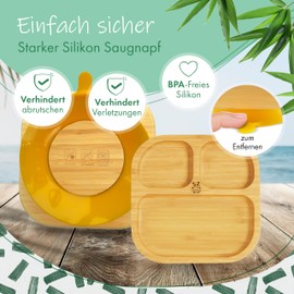 Babylovit Kinderteller mit Saugnapf | Bambus Baby Teller mit Saugnapf | Geprüfter Kinder Teller mit Babybesteck | Beikost Baby Zubehör | ideal für Baby led Weaning