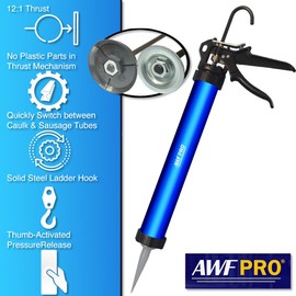 AWF PRO Sausage Caulking Gun, 20 oz Foil Pack and 10 oz Cartridge Convertible, 12:1 Thrust Ratio, Aluminum Barrel, Includes 3 Tips