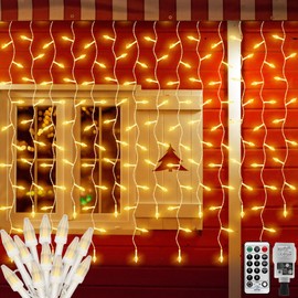 CORST Outdoor Curtain Lights Plug in, 6M x 1M Mini Incandescent String Lights Backdrop Curtain Icicle Lights,Waterfall Lights Wall Lights,Waterproof,Connectable,Remote,8 Modes(Warm White)
