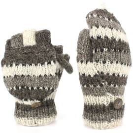 LOUDelephant Chunky Wool Knit Fingerless Shooter Gloves - Stripe - Oatmeal & Grey