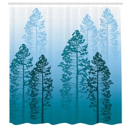 Ambesonne - Cortina de ducha de campo, pinos en el bosque sobre niebla parecen degradado, arte de aventura de vida silvestre, juego de decoración de baño de tela con ganchos, 69 pulgadas de ancho x 70 pulgadas de largo, azul azul