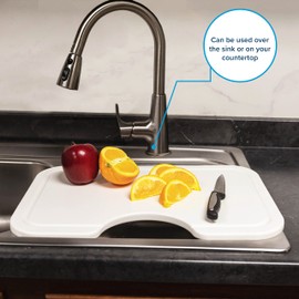 Camco RV/Marine Sink Mate Cutting Board | Features Adjustable Non-Slip Rubber Feet, Scrap Cut-Out, Built-in Juice Groove, and Measures 12-Inches x 18-Inches for Larger RV/Boat Sinks (43850)