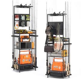 SOYEEZE Fishing Rod Holders for Garage, Fishing Rod Rack Hold Up to 12 Rods, 3 Tier Shelf, Pegboard and Wooden Countertops Designied for Fishing Pole Tackle Box Reel Line Storage, Fishing Gift