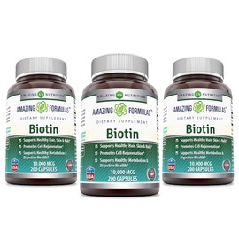 Amazing Formulas Biotin 10000mcg 200 Veggie Capsules Supplement | Non GMO | Gluten Free | Made in USA | Suitable for Vegetarians (Pack of 3)
