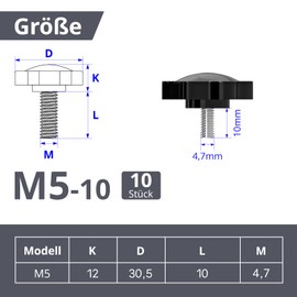 ORTAVA Pack of 10 Star Grip Screws, Screws with Handle M5 x 10 mm, Knurled Screw, Star Head Screw, Star Grip Nut, Clamping Knob for Machine Tools, Machine (Black)