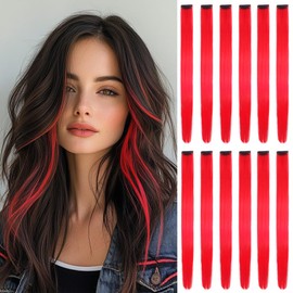 myhstory 12 Pcs Red Clip in Hair Extensions Colored Party Highlight Colorful Cosplay Dress Up 20 Inch Straight Hair Clip In Hair Pieces(Red)
