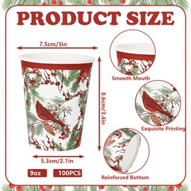 JarThenaAMCS 100Pcs Christmas Paper Cups Watercolor Cardinal Berry Disposable Cups Xmas Red Cardinal Bird Party Cups for Cold Hot Beverage Table Decor Supplies, 9 Oz