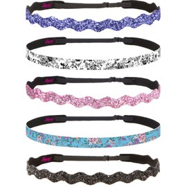 Hipsy Women's Adjustable NO SLIP Skinny Country Flower Headbands (Skinny Blue/White & Wave Glitter 5pk)