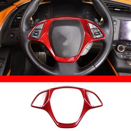 Steering Wheel Cover Trim Real Carbon Fiber 1PCS Compatible with Corvette C7 Stingray 2014-2019 Steering Wheel Button Protection Frame Trim Accessories (Red Carbon)