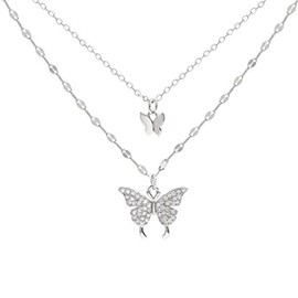 925 Sterling Silver Butterfly Necklace for Women Double Layer Clavicle Chain Shiny Necklace Dainty Gifts Party Jewelry Gift