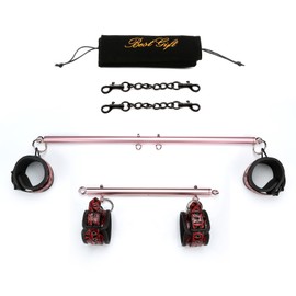 2 PCS Rose Gold Spreader Bar, Exercise Pilates Bar with 4 PCS Red Fur Adjustable Strap Set, Yoga Training Fitness Gear, Sports Gym Kit, Workout Bar, Stainless Steel Spreader Bar Bonage for Home