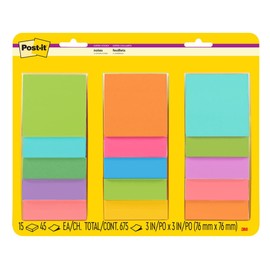 Post-it Super Sticky Notes, 3 x 3 pulgadas, 15 almohadillas para orejas, 2 unidades The Sticking Power, Supernova Neons and Energy Boost Collections, reciclable (654-15SSMULTI2)