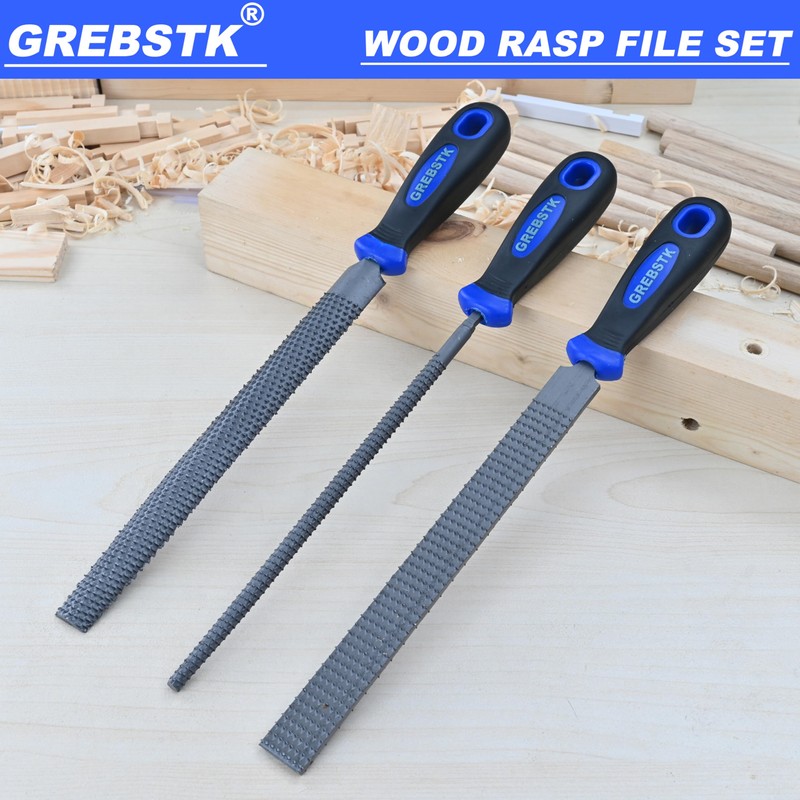 GREBSTK 12 inch Wood Rasp File Set with Rubber Grip