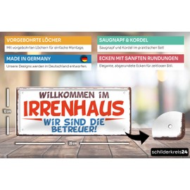 schilderkreis24 Tin Sign 28 x 12 cm - "Willkommen im Irrenhaus - Wir sind die Betreuer!" - Humorous Wall Decoration for Home, Office & Party Room