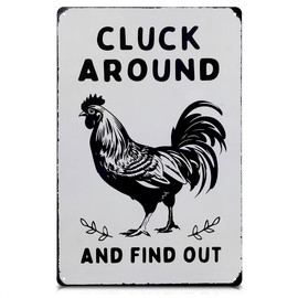 Cluck Around and Find Out Sign – 12 x 8 inch Funny Tin Chicken Coop Signs for Outside, Metal Rooster Decor for Barn, Chicken Gifts for Women, Country Kitchen Decor, Farm Decorations for Indoor Use