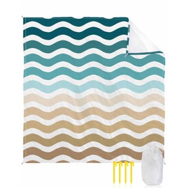 Nautical Beach Blanket Waterproof Sandproof 108"x84", Ombre Cyan Brown Water Ripple Stripes Oversized Beach Mat with 4 Corner Sand Pocket & 4 Stakes, Compact Outdoor Picnic Mat for Camping Travel